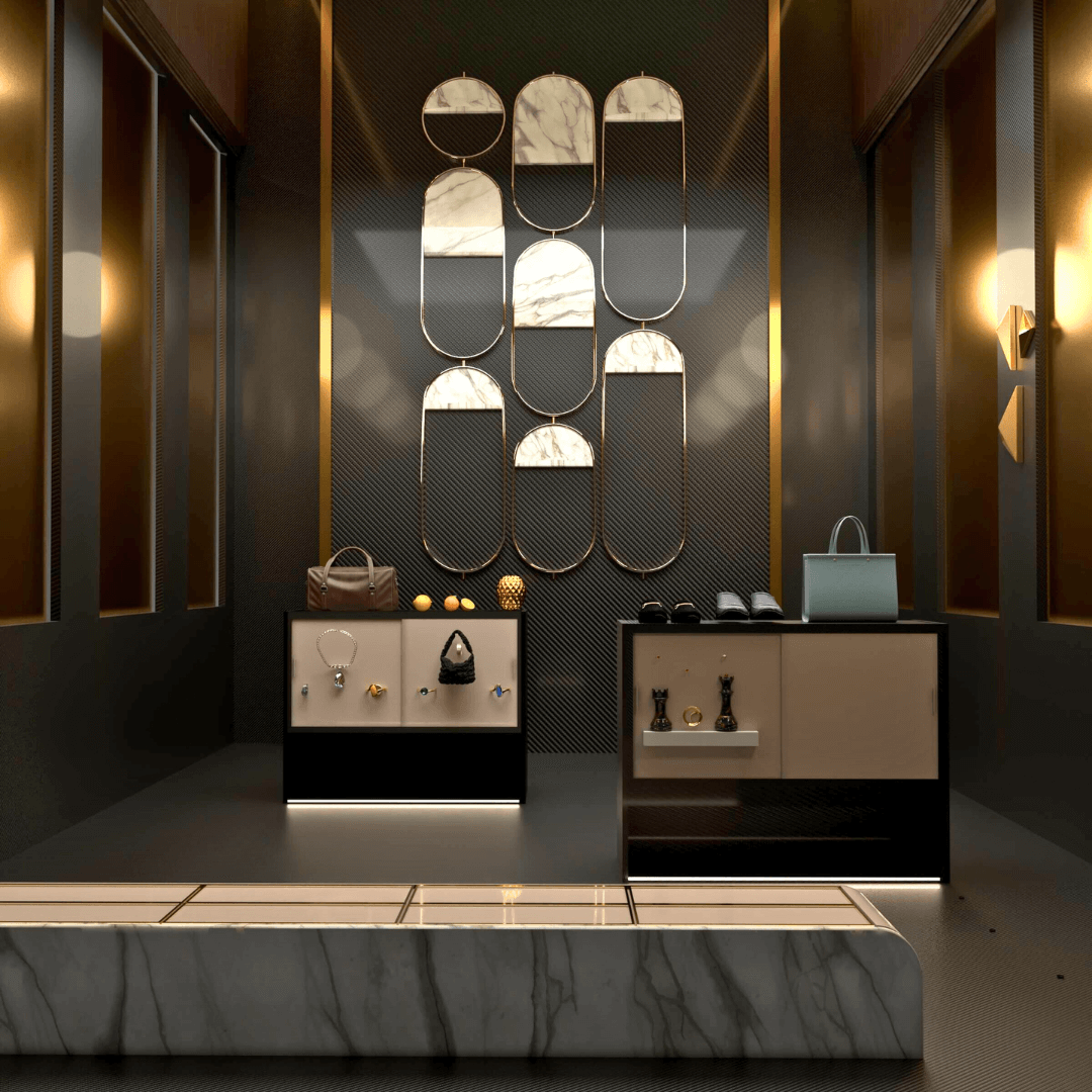 luxury shop with carbon fiber panels and golden colors,