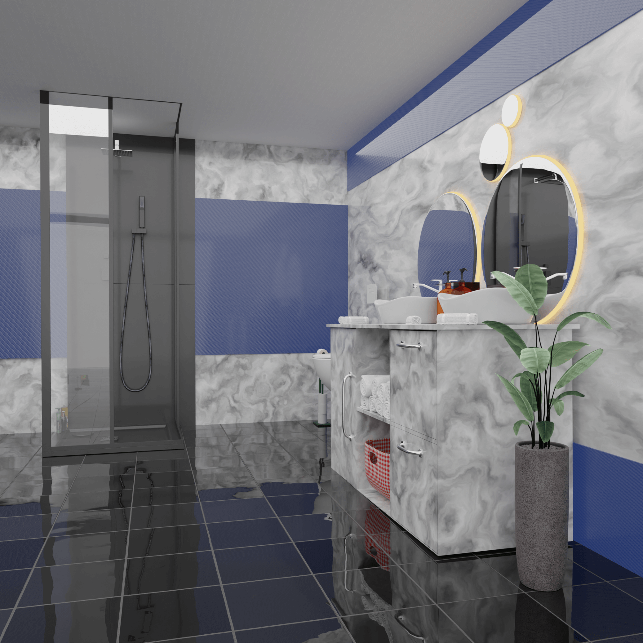 modern bathroom with blue carbon fiber panels in the walls from lateral view