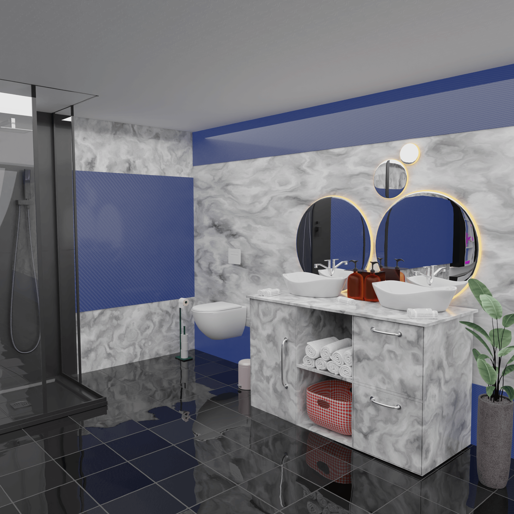 modern bathroom with blue carbon fiber panels