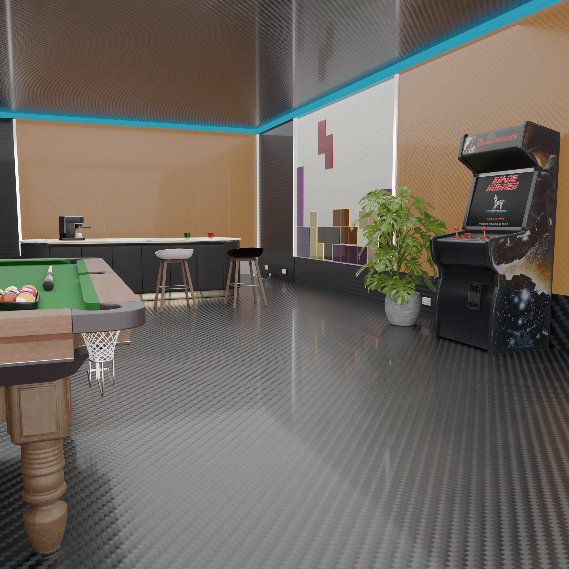 modern gaming room design with carbon fiber panels in golden copper color