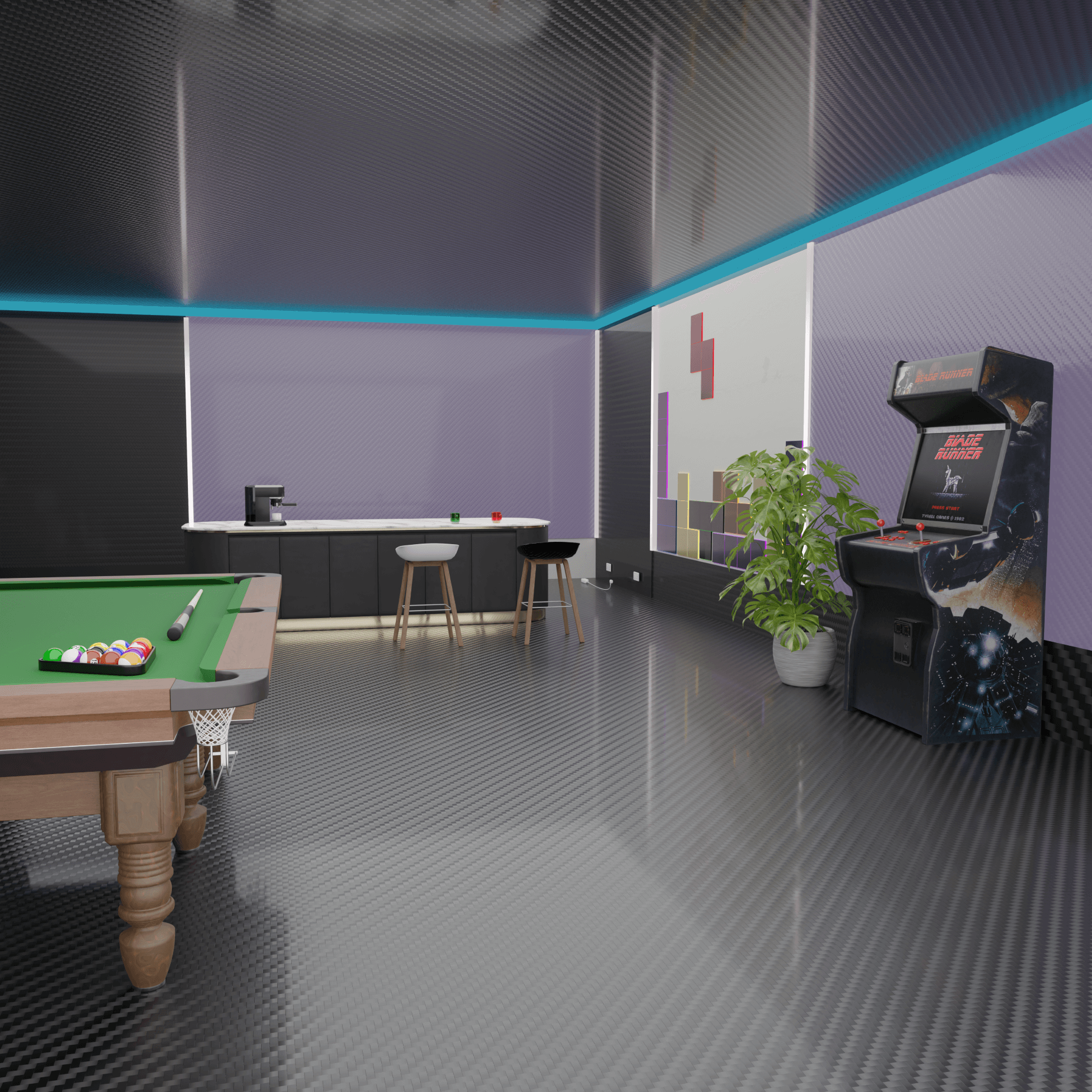 modern gaming room design with carbon fiber panels in purple colour