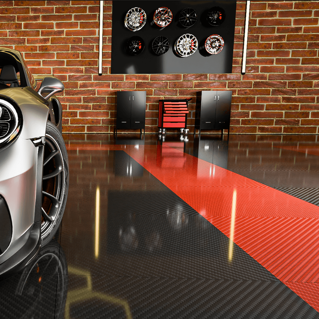 luxury garage with carbon fiber panels in carbon red colour and dark matter colour