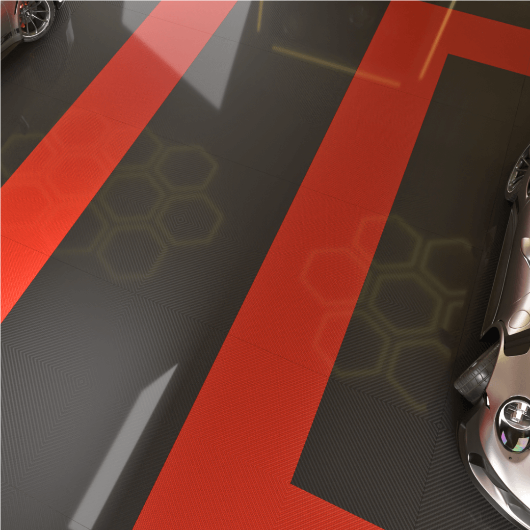 luxury garage with carbon fiber panels in carbon red colour and dark matter colour from top view