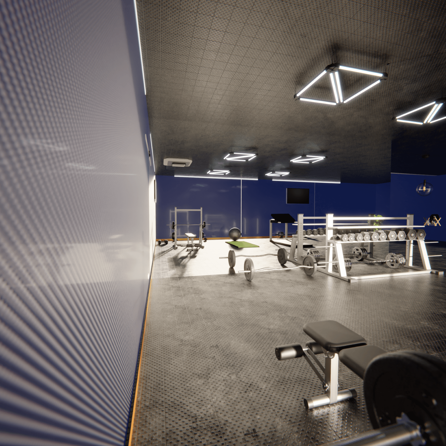 modern gym with blue carbon fiber panels from a lateral view