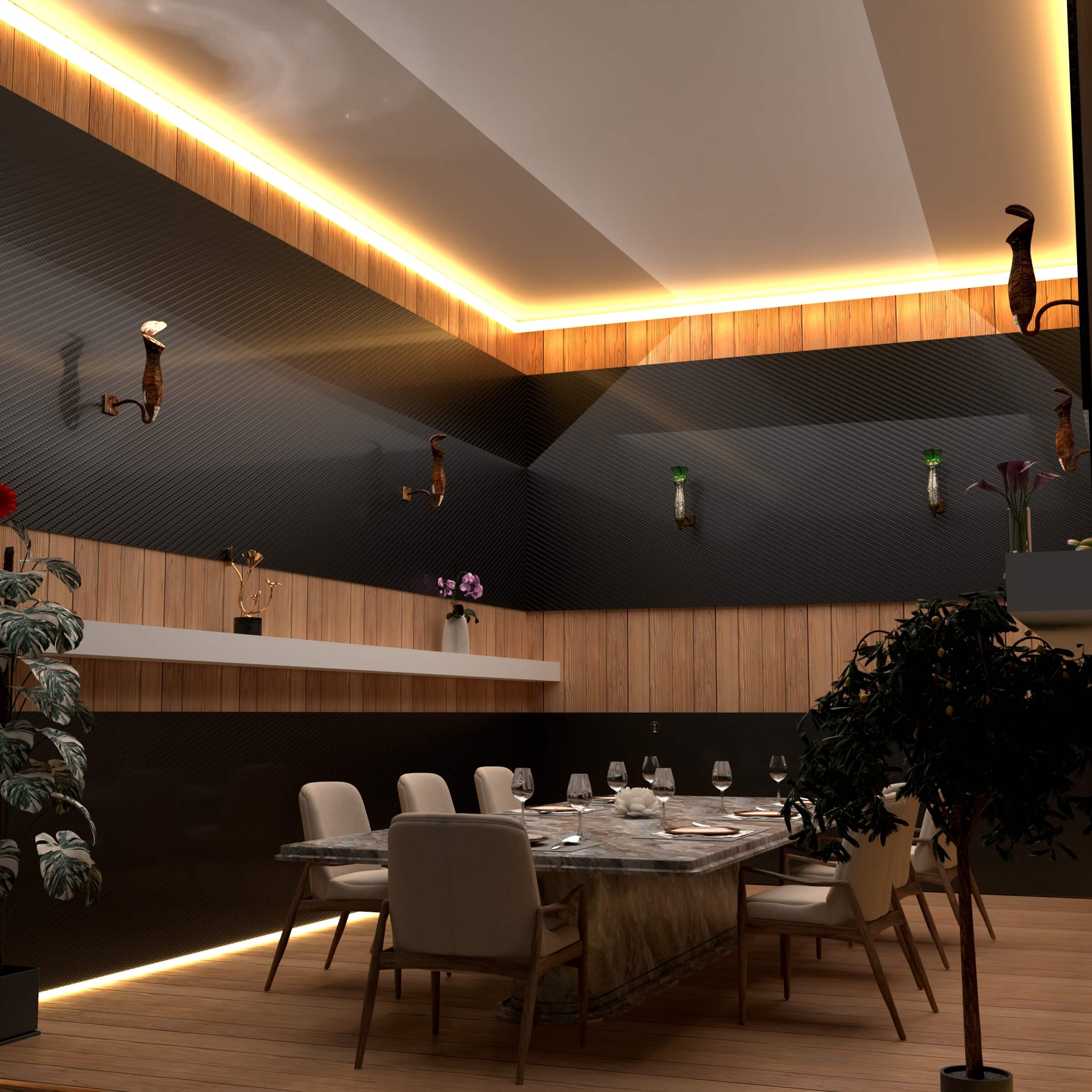 fine dining restaurant with carbon fiber panels in the walls. luxurious ambience