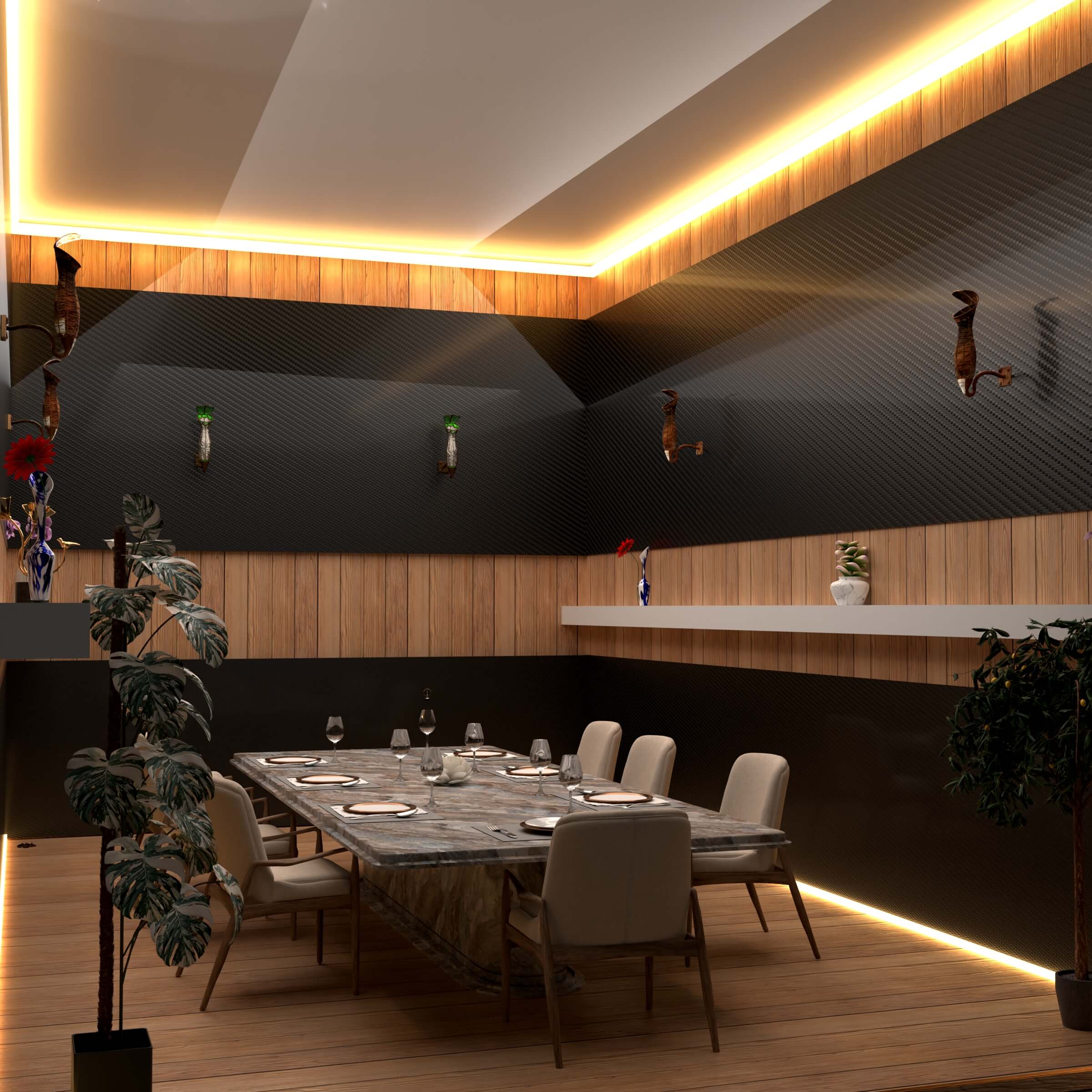 fine dining restaurant with carbon fiber panels in the walls. luxurious ambience, 2x view 