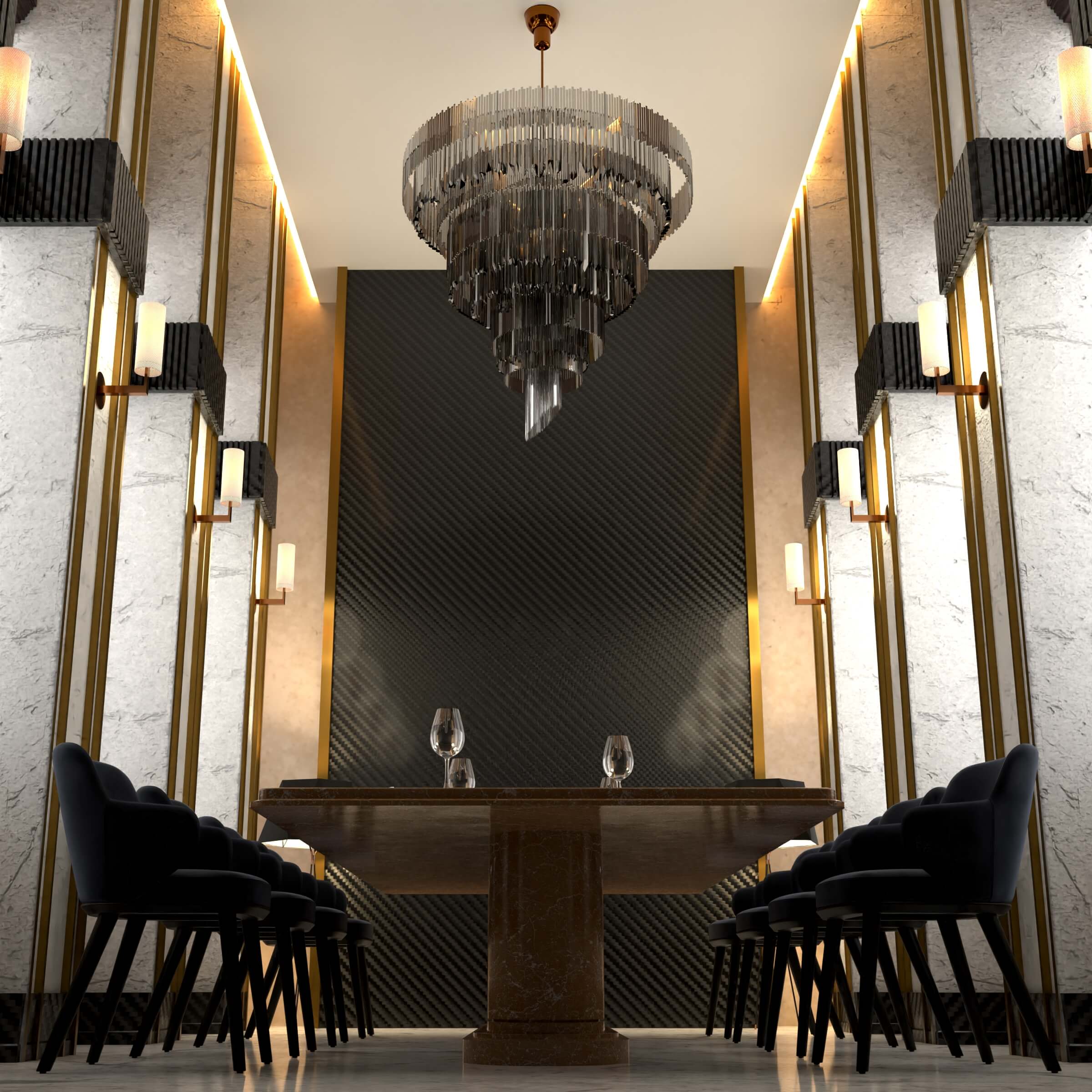 fine dining restaurant with carbon fiber panels in the wall and golden border, luxurious ambience