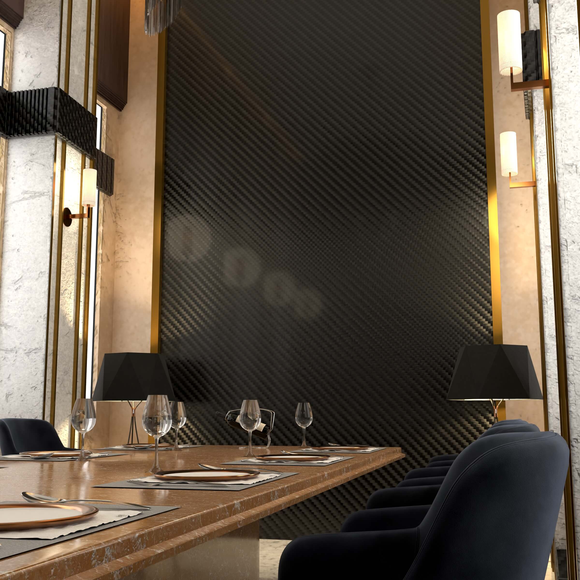 fine dining restaurant with carbon fiber panels in the wall and golden border, luxurious ambience and elegant space. lateral view